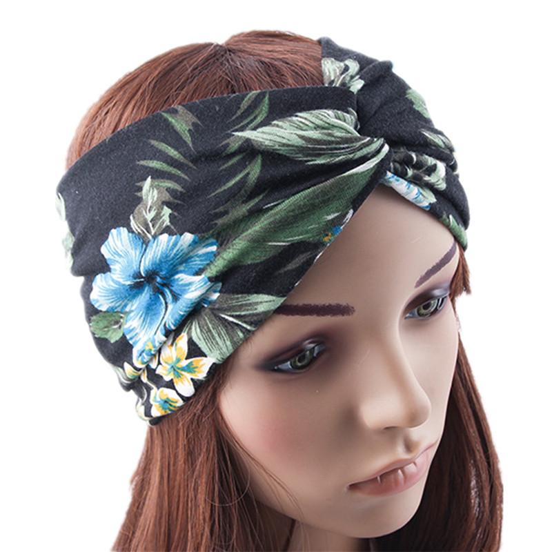 Women Vintage Tropic Plants Flower Pineapple Print Wide Cotton Headbands Cross Hairbands Boho Holiday Knitting Hair Bands-image-494806973