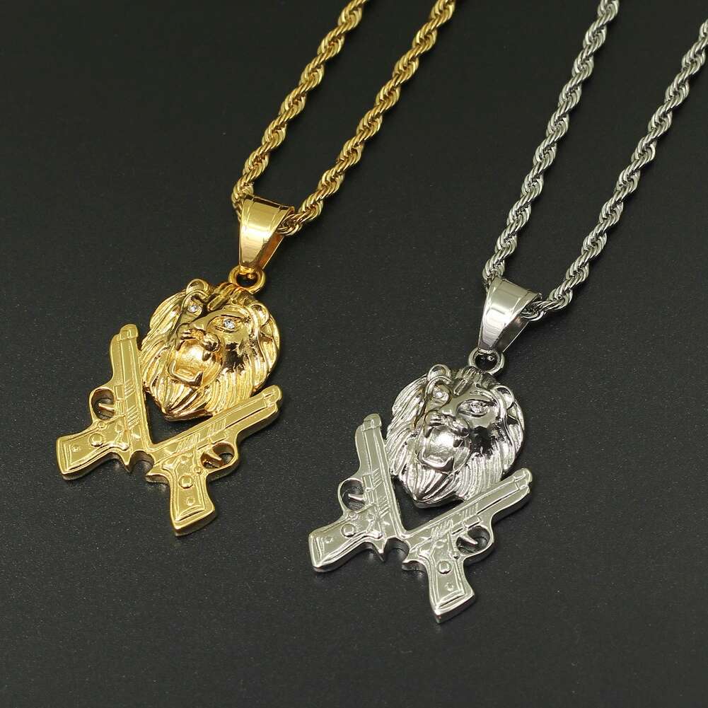 

hip hop lion head double guns pendant necklaces for men luxury animal gun diamonds pendants Stainless steel chain gold necklace jewelry