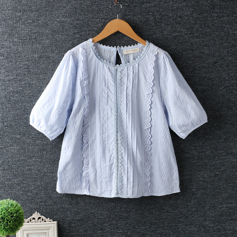 

Japanese small fresh lacing embroidery shirt blouse 2020 summer, Sky blue