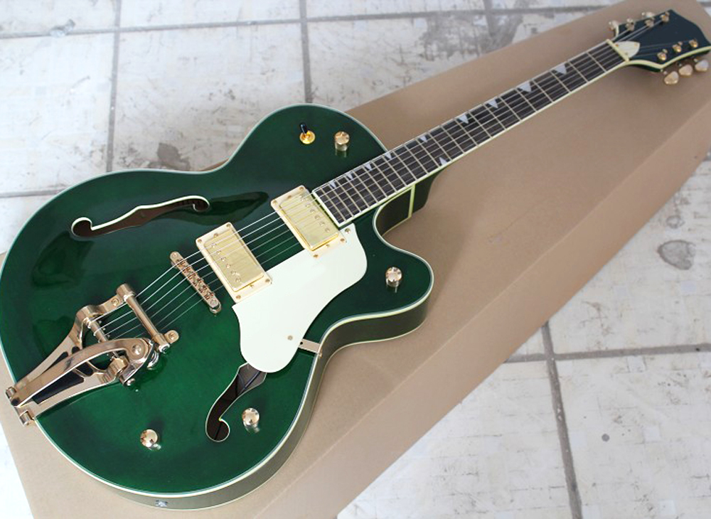 

Free Shipping Semi-hollow /Purple Green Cut-away Electric Guitar with Tremolo Bar,Flame Maple Veneer,Can be Customized As Request