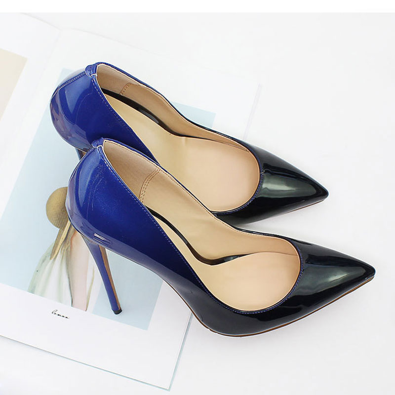 

High Quality Ombre Women High Heels Designer Pumps Eight Colors Patent Leather Lady Dress Shoes Pointed Toe 12 CM Bridal Wedding Shoes, Black red