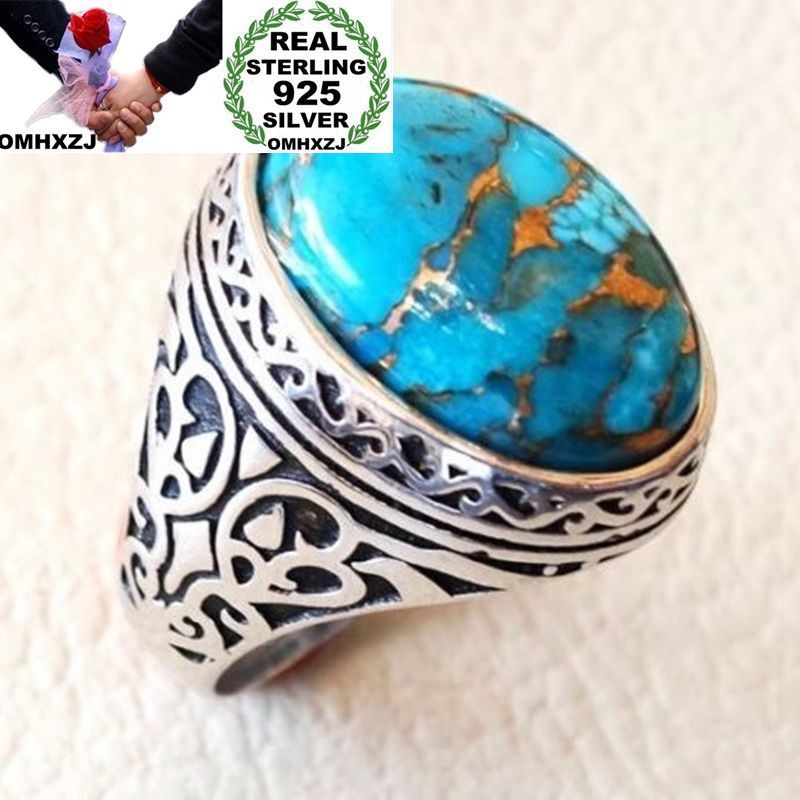 

OMHXZJ Wholesale European Fashion Woman Man Party Wedding Gift Silver Black Green Oval Turquoise Taiyin Ring RR331
