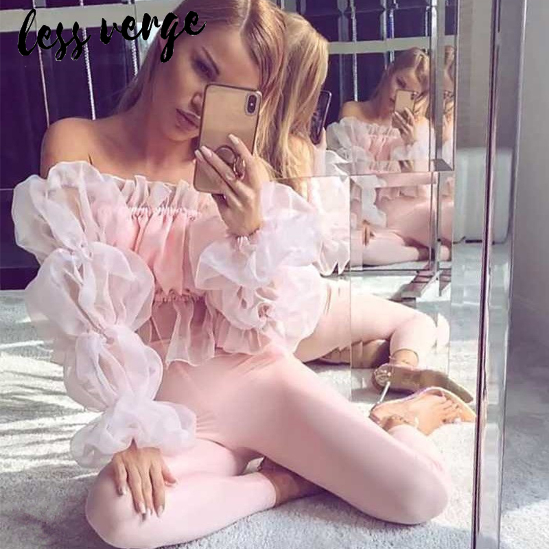 

Lessverge Off shoulder ruffle mesh white blouse shirt Elegant cropped women tops peplum Sexy pink autumn winter blusas mujer