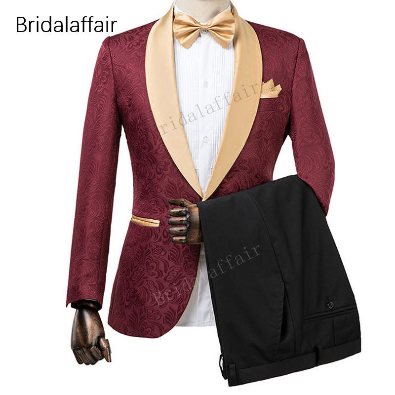2020 Wonderful Groomsmen Tuxedos Burgundy Jacquard Blazer Men Suit Set For Wedding Prom Formal Mens Suits 2018 Jacket Pants Y190418 From Zhengrui04
