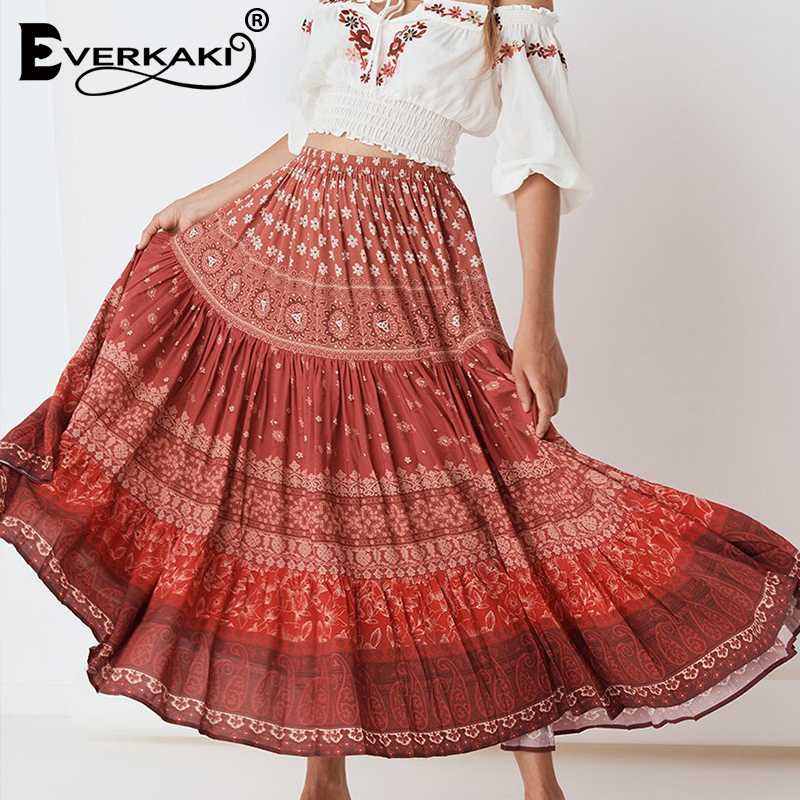 

Everkaki Boho Floral Print Women Long Skirts Elastic Waist Summer Vintage Bohemian Skirt Bottoms Lady Female 2020 Spring New, Red