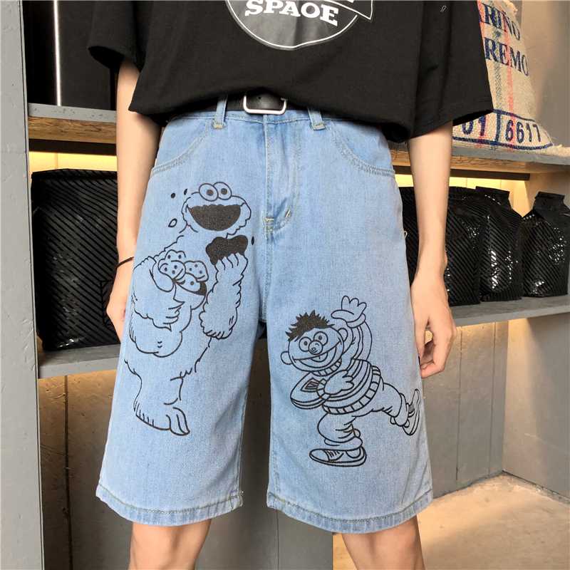 

2020 New Summer Denim Shorts Women Vintage Printed Denim Pants Cotton Loose Five Pants Harajuku Cartoon Shorts Female, Black