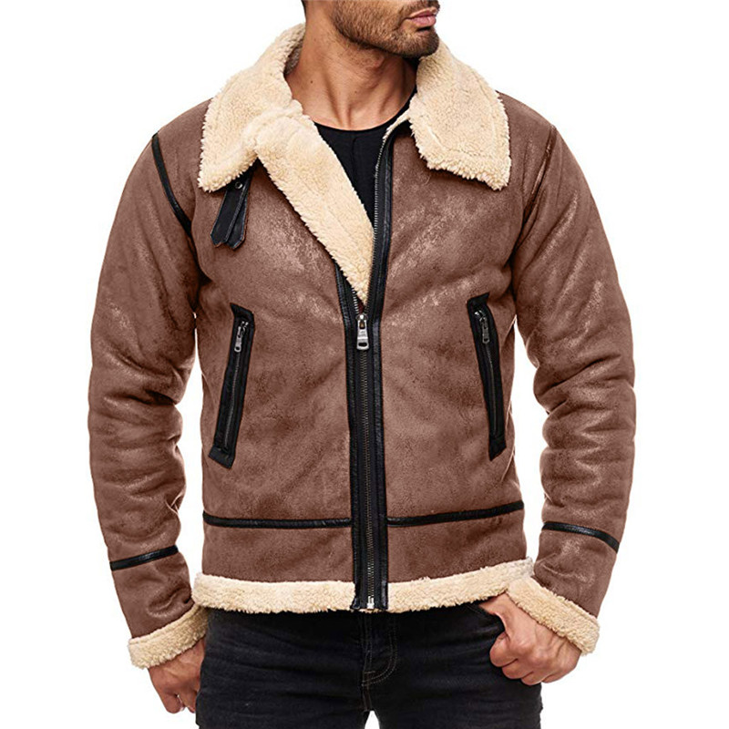 

Men's Jackets Fashion Men Winter Tops Long Sleeve Fur Belt Faux Leather Jacket Highneck Shearling Coat Wool Lining Bomber, Brown