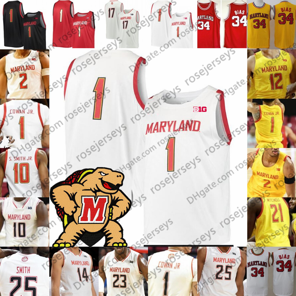 

Custom Maryland 2020 College Basketball Black Red White Yellow 1 Anthony Cowan Jr. 25 Jalen Smith 2 Aaron Wiggins Men Youth Terps Jersey, Red retro