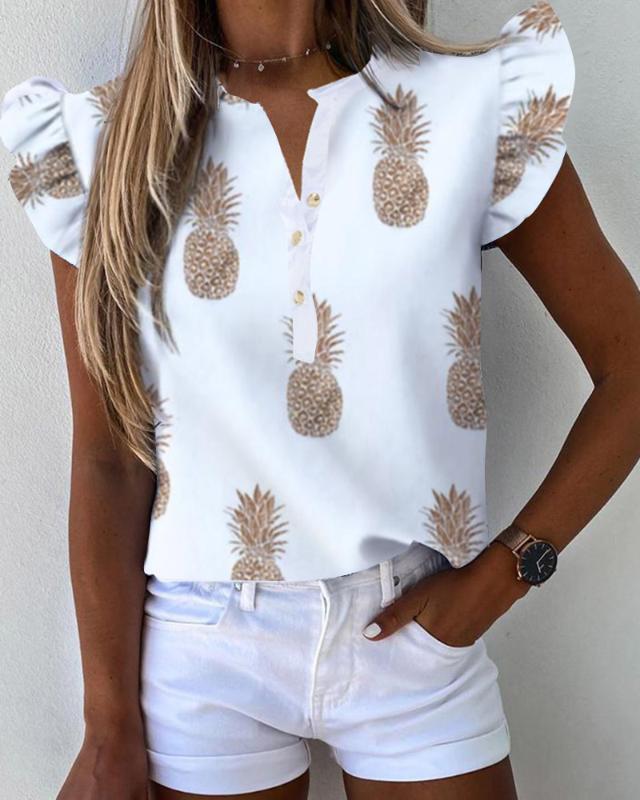 

Women Ruffle Short Sleeve V Neck Pineapple Letter Print Blouse 2020Summer New Fashion Casual Button Loose Blouse Top Shirt Femme