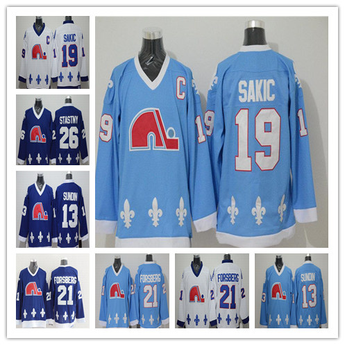 

Men's Retro Quebec Nordiques Jerseys Hockey 13 Mats Sundin 21 Peter Forsberg 26 Peter Stastny 19 Joe Sakic Light Blue White Uniforms, Yellow