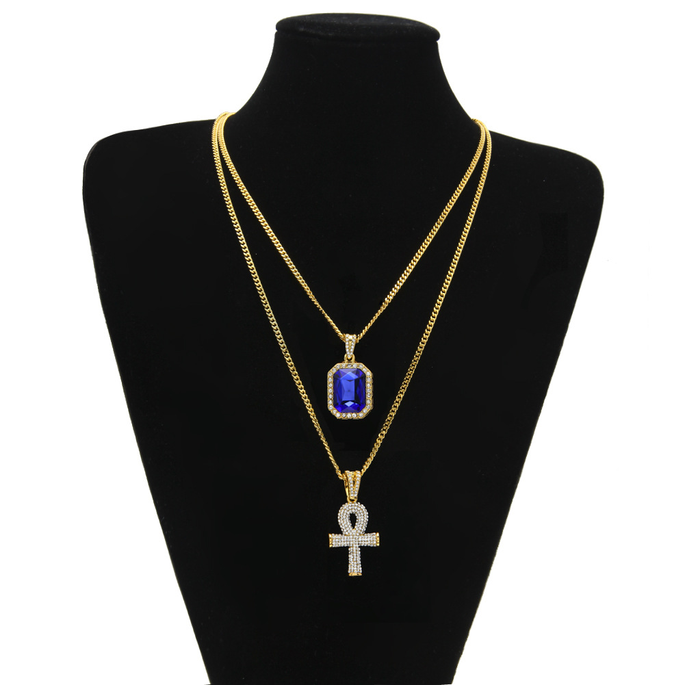 

Egyptian Ankh Key of Life Bling Rhinestone Cross Pendant With Red Ruby Pendant Necklace Set Men Hip Hop Jewelry Free Shipping