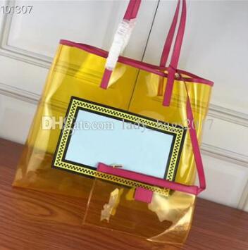 

Classic Lady Flash PVC Transparent Shopping Bags Clear Handbags With Big Letter Women Tote Bag Clutches Handbags Duffle Bag, Red