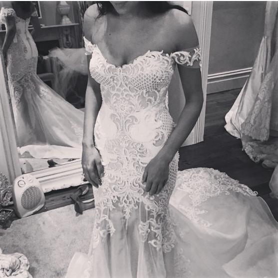 

New Arrival Beaded Wedding Dresses Mermaid Lace Appliqued Off The Shoulder Sweep Train Organza Bridal Gown, Purple