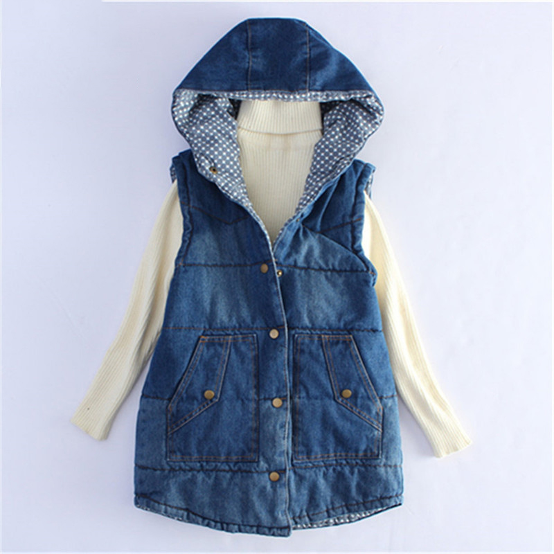 

Denim women vest autumn fashion new coat short thicken loose sleeveless vest winter hooded large size cotton jacket DT0188, Denim blue