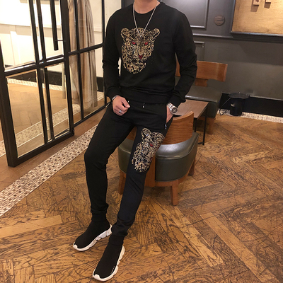 

mens set leopard rhinestone beading black sweatshirts long sleeve T shirt with pants elastic waist mens set fashion/studio/bling style