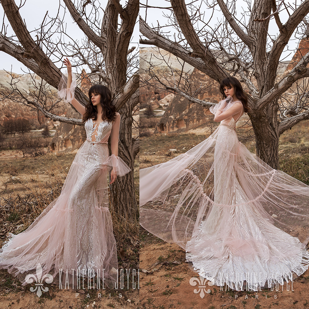 

Katherine Joyce Off Long Sleeve Mermaid Wedding Dresses Jewel Neck Sequins Beads Lace Wedding Dress Sweep Train Bridal Gown, Dark green