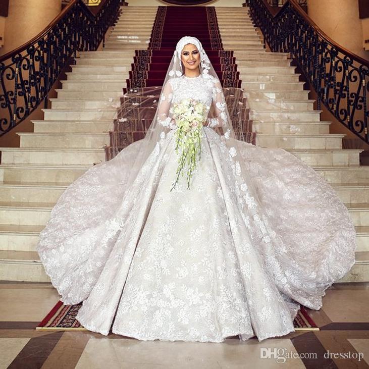 

2019 Muslim Wedding Dresses With Cathedral Train Jewel Neck Lace Ball Gown Bridal Dress Long Sleeves White Modest Wedding Dress Plus Size, Pink