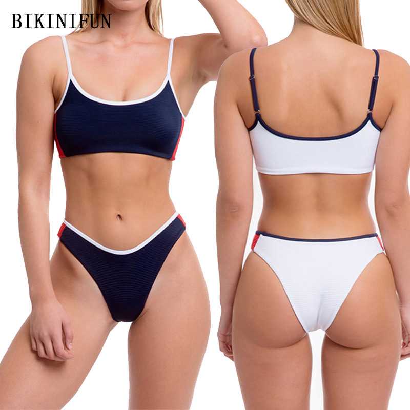 

2020 New Sexy Contrast Color Swimsuit Women Scoop Neck Swimwear Backless Bathing Suit -XL Girl High Waist Beachwear Bikini Set
