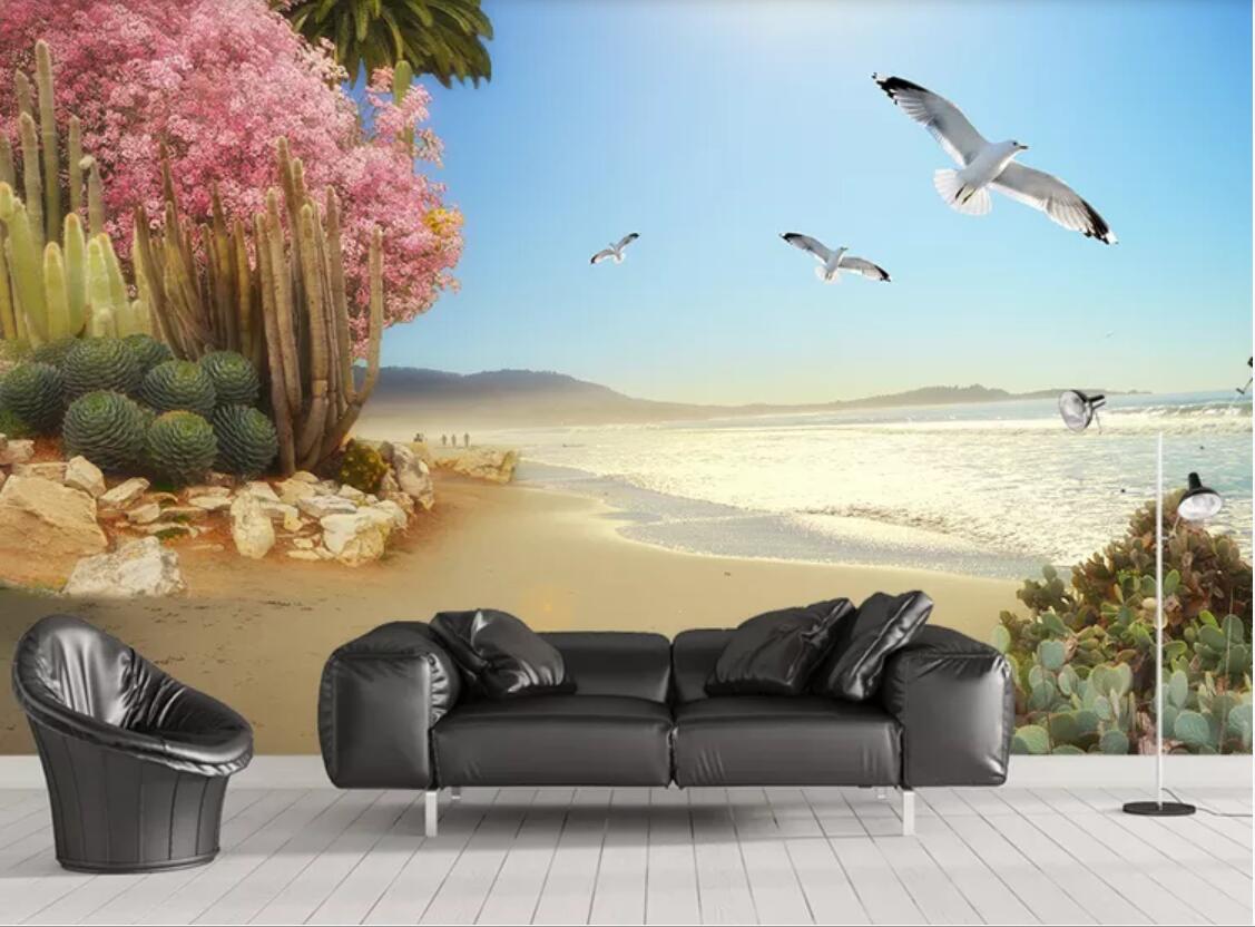 

3d wallpaper custom photo mural Naked eye 3D seaside tropical plants flowers and birds background wall painting home decor wall art pictures, Non-woven fabric