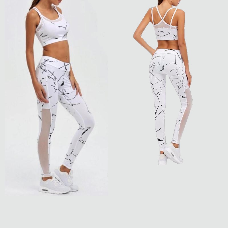 

Marbella Two Piece White Marble print Tights Sport suits mesh panel Halter Tops Sports Bra leggings Women' Tracksuit Yoga Set