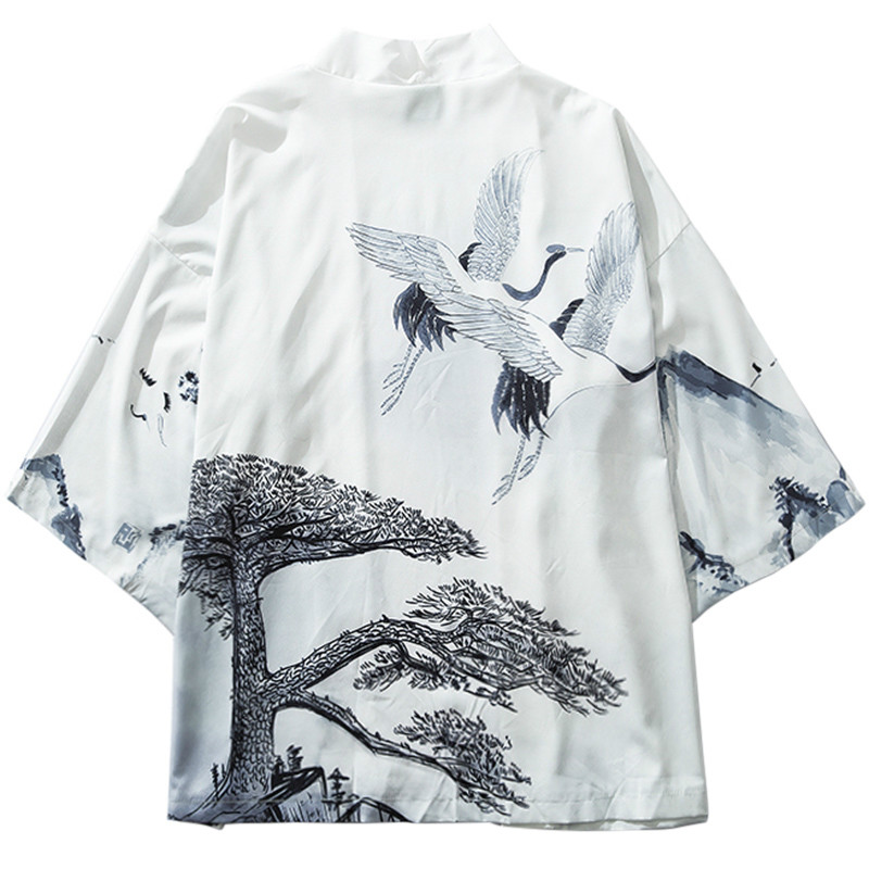 

Januarysnow Hip Hop Men Streetwear Jacket Pine Tree Crane Print 2019 Harajuku Kimono Jacket Japanese Summer Autumn Thin Gown Japan Style, White