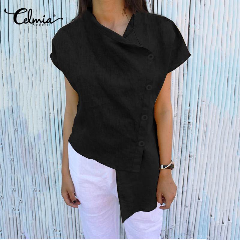 

Vintage Asymmetrical Tops Celmia Stylish Women' Blouses Short Sleeve Buttons Casual Solid Loose Shirts Ladies Work Blusas Mujer, Black