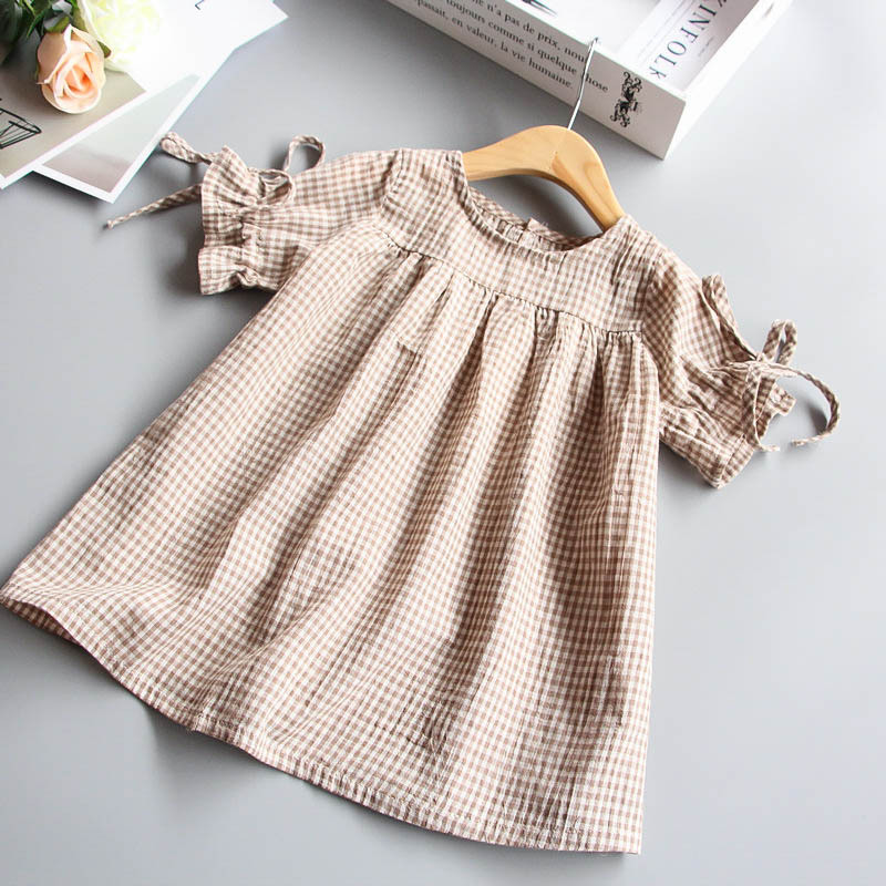 

0-5 Y Vintage Kids Baby Girls Dress Shirts 2018 New Fashion Loose Plaid Summer Dresses O-neck Short Sleeve Princess Dress 2604, Khaki