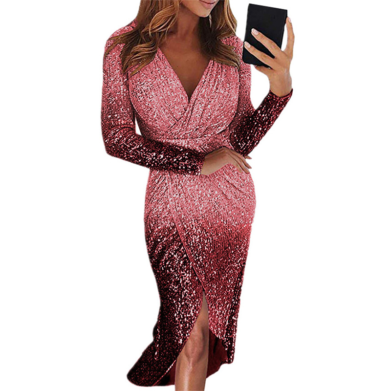 

Women Fashion Party Dresses Sexy Deep V Neck Shiny Sequins Wrap Ruched Long Sleeve Club Dresses Irregular Slim Dress Luxury, Rose gold
