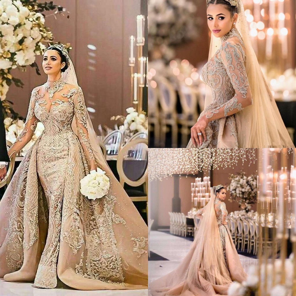 

2020 Arabic Desigh High Neck Mermaid Wedding Dresses With Detachable Train Luxury Long Sleeves Beaded Lace Dubai Plus Size Bridal Gown, White