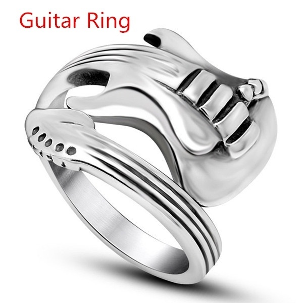 

Women Men''s Jewelry Hip Hop & Gothic Punk Rock Stainless Steel Unisex Guitar Ring Black & Silver By Mate Rings Size 7-14