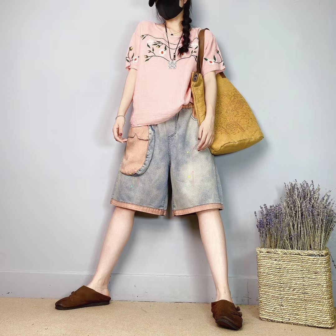 

Pink Female Embroidery Painting Elastic Waist High Waist Jeans Bk4762