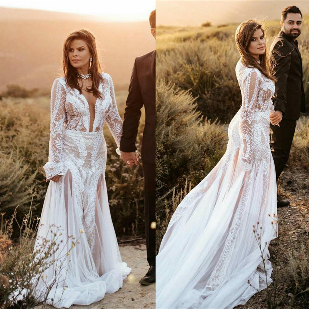 

2020 Bohemian Wedding Dresses Sexy Deep V Neck Long Sleeves Lace Appliques Bridal Gowns Custom Made Sweep Train A-Line Wedding Dress, Pink