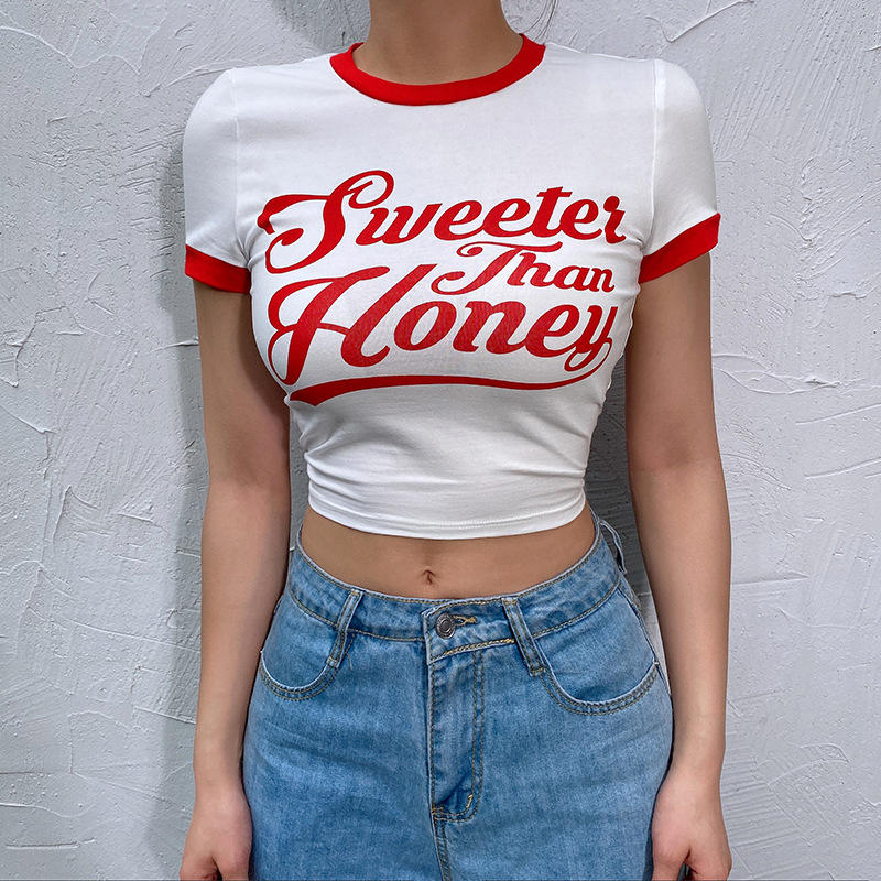 

Fashion Punk Letter Print T-Shirt Summer Short Sleeve O-neck Crop Top T-Shirts Slim Streetwear Crop Top, A1
