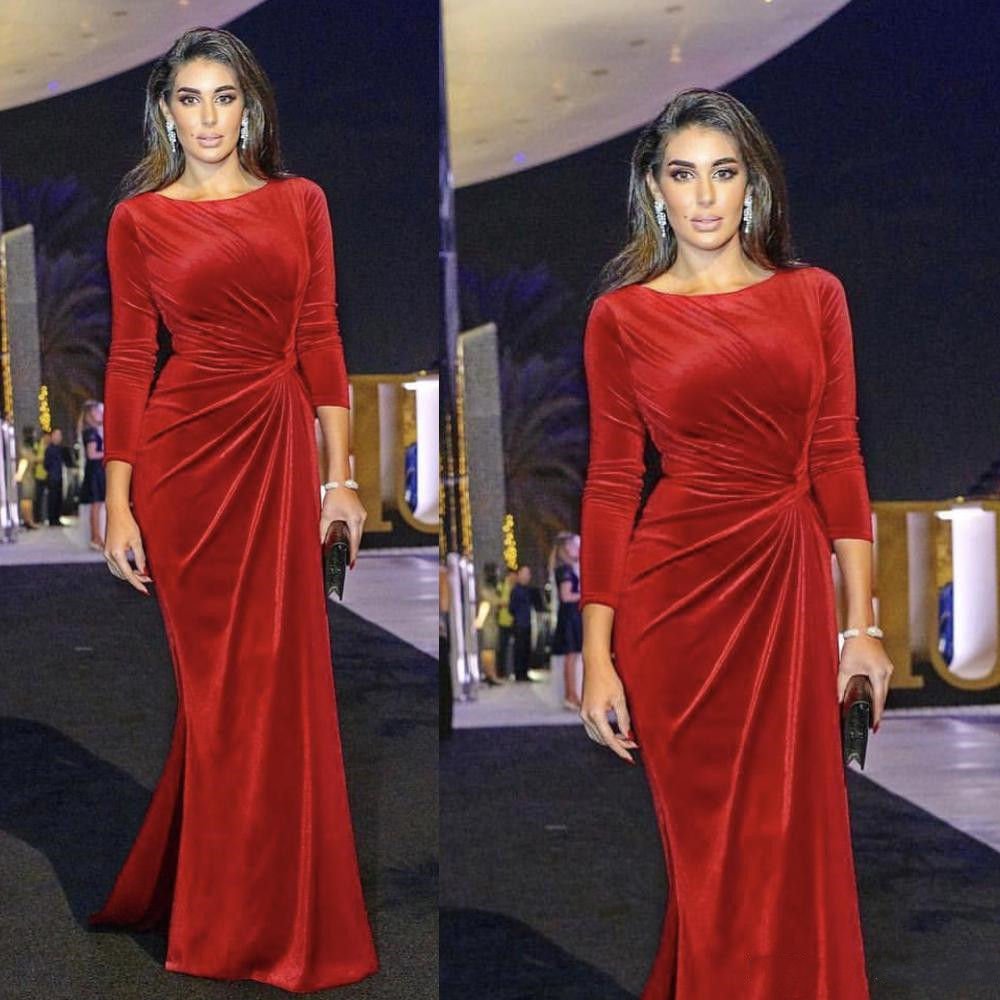 Elegant Velvet Mermaid Evening Dresses Jewel Long Sleeves Pleats Red Evening Gowns Floor Length Pleated Arabic Party Gowns