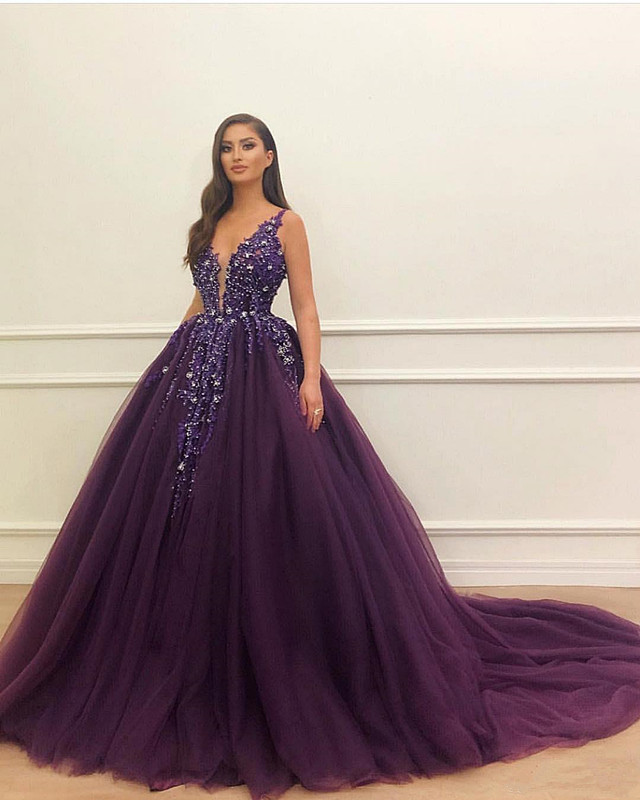 

Gorgeous Purple Ball Gown Quinceanera Dresses Deep V Neck Sequins Lace Appliques Party Gown Sweep Train Evening Dress Z6, Royal blue