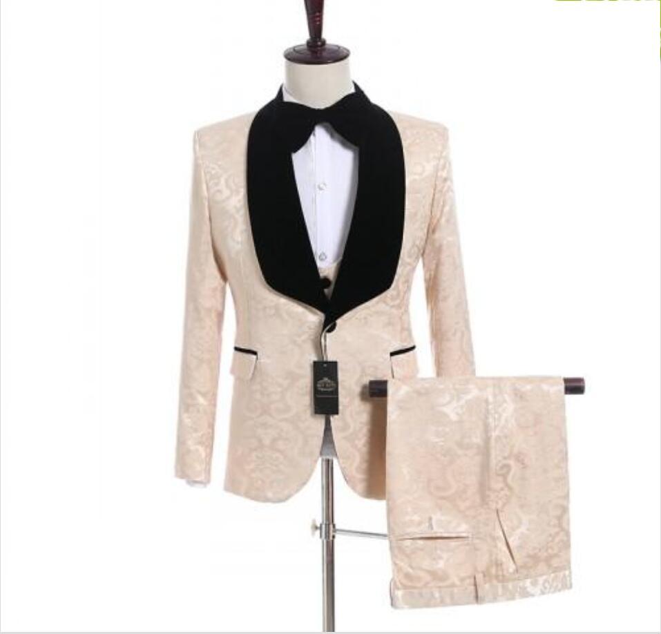 

New Arrival One Button Champagne Paisley Wedding Groom Tuxedos Shawl Lapel Groomsmen Men Suits Prom Blazer (Jacket+Pants+Vest+Tie) W18, Same as image