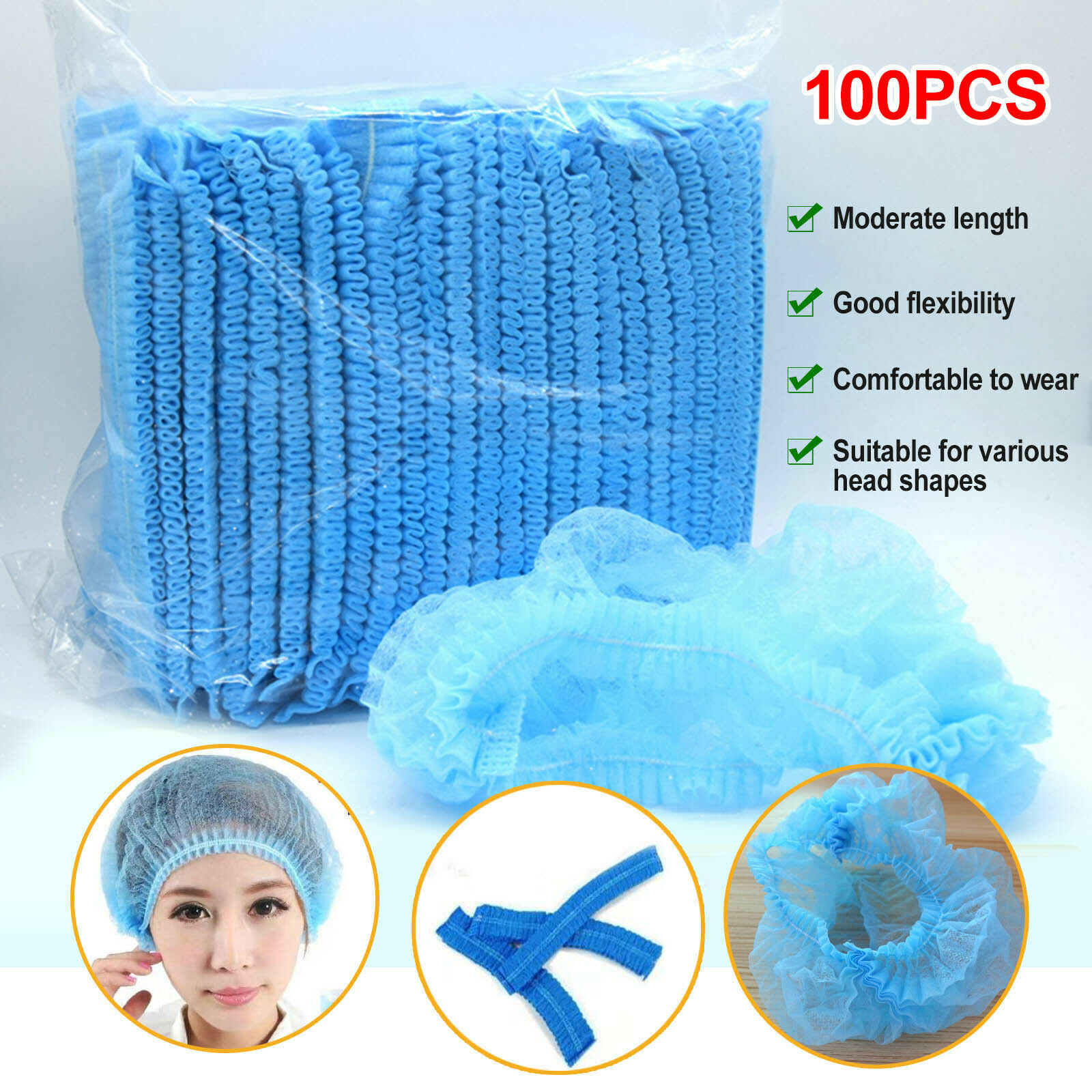 

Free Shipping! 100pcs Disposable Hair Net Bouffant Cap Non Woven Stretch Dust Cap Head Cover