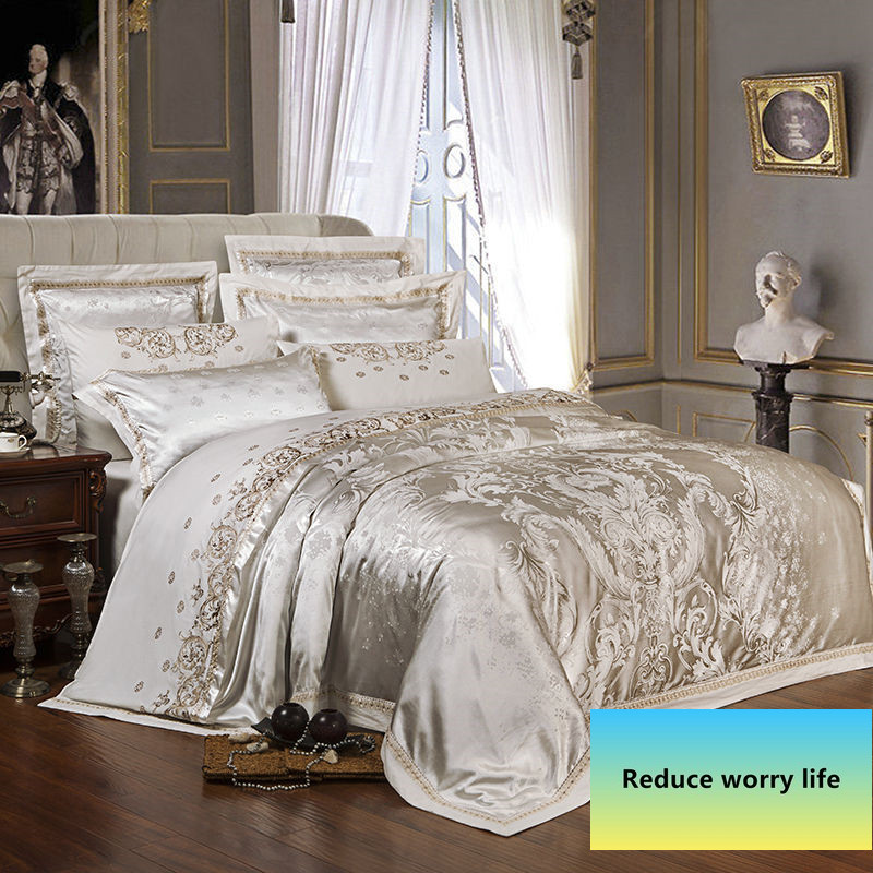 

Sliver Gold Silk Satin Jacquard duvet cover bedding set queen king size Embroidery bed set bed sheet/Fitted sheet, Color 9