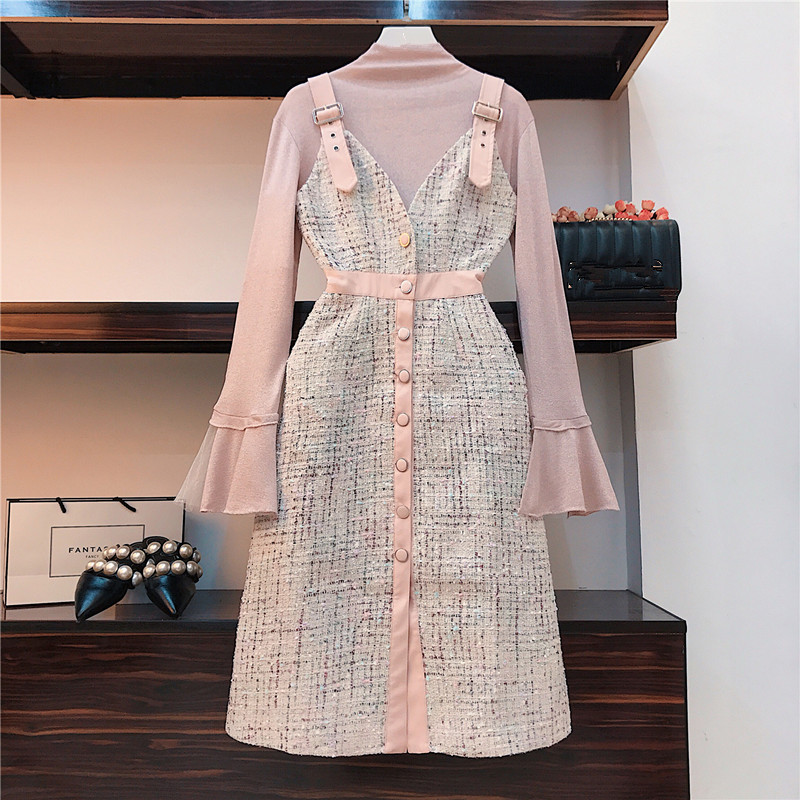 

High-end custom 2018 Autumn Winter Women' Flare sleeve tops and Single-breasted Spaghetti strap Plaid Tweed Dress 2 Piece Set, Only dress