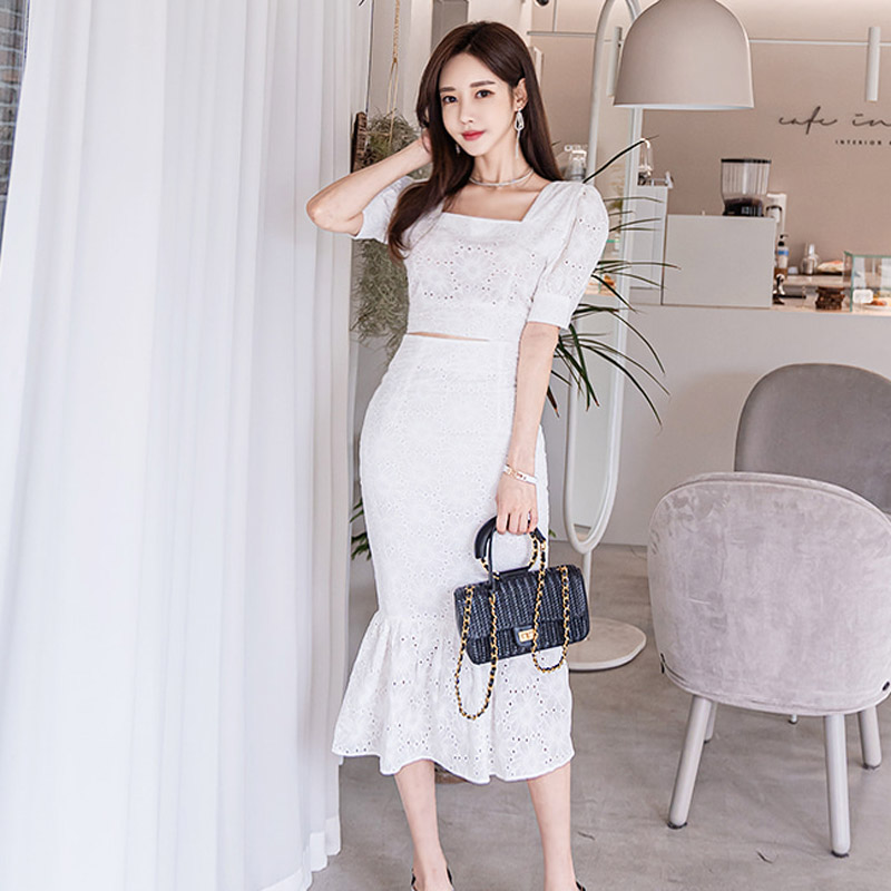 

White 2 piece set suit for women Summer Short Short Sleeve square neck tops and Midi Skirt hollow out Sexy Ladies office suit, White (suit)