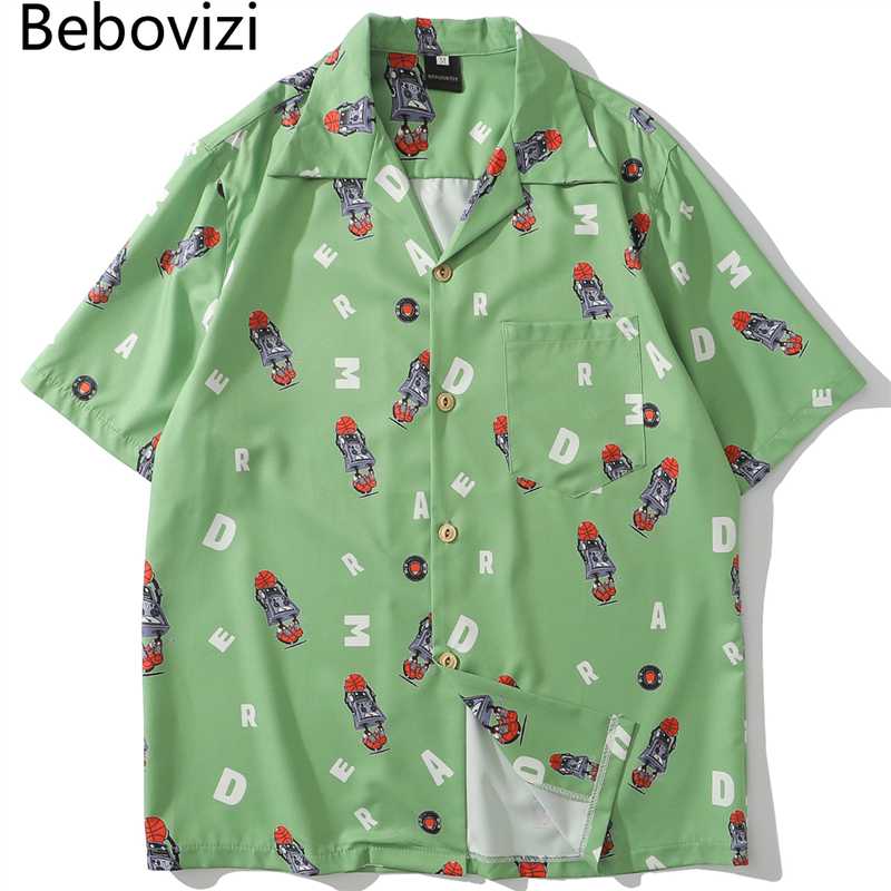 

Bebovizi Hip Hop Print Holiday Shirts Short Sleeve Summer Beach Streetwear Green Hawaiian Shirts Men Casual Harajuku Aloha Shirt, Black