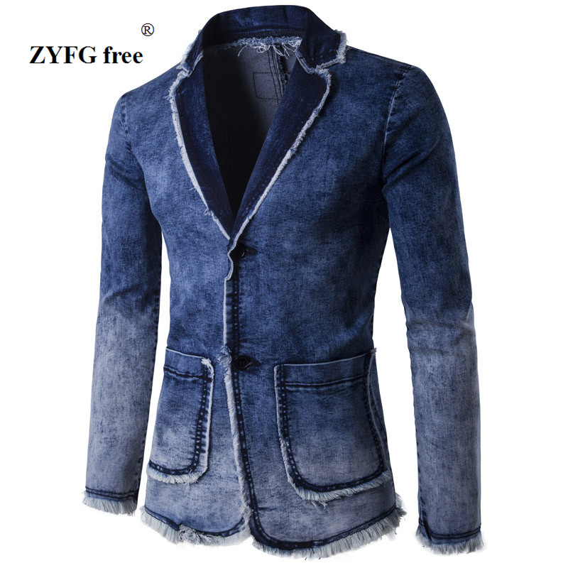 

2020 new autumn winter style men's casual suit coat men personality Corner water washing Denim pocket decorate Leisure suit Coat, Blue