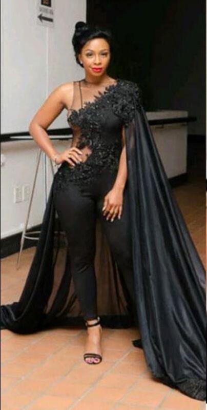 

2018 Sexy Black Sheer Illusion Jumpsuits Dresses Evening Wear Africa Arabic Lace Appliqued Beaded Prom Gowns Plus Size Formal Dress, Chocolate