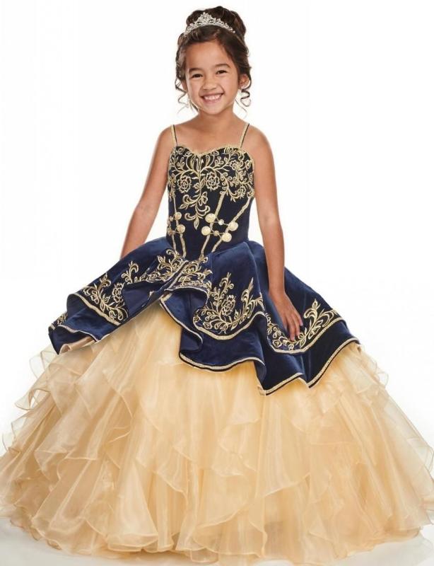 

Navy Blue With Gold Embroidery Girls Pageant Dresses Layer Champagne Ruffles Cute Flower Girl Dresses Spaghetti Strap Toddler