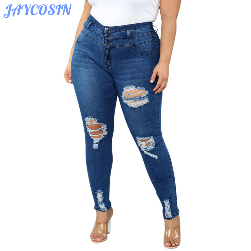 

JAYCOSIN Clothes Women Plus Size 4XL Jeans Hole Ripped Denim Trousers Fashion High Waist Stretch Sexy Pencil Jeans Pocket 829, Blue