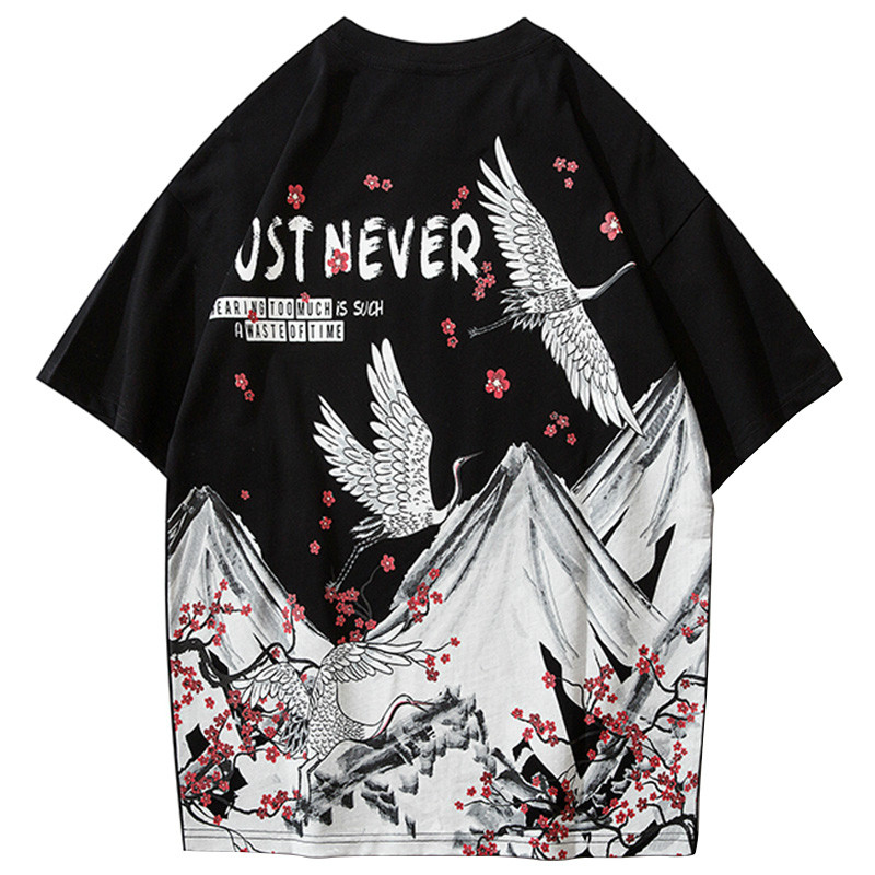

Januarysnow 2020 Japan Streetwear T Shirt Sakura Crane Harajuku Hip Hop Tshirt Japanese Clothing Summer Cotton T-Shirt Short Sleeve Hipster, White