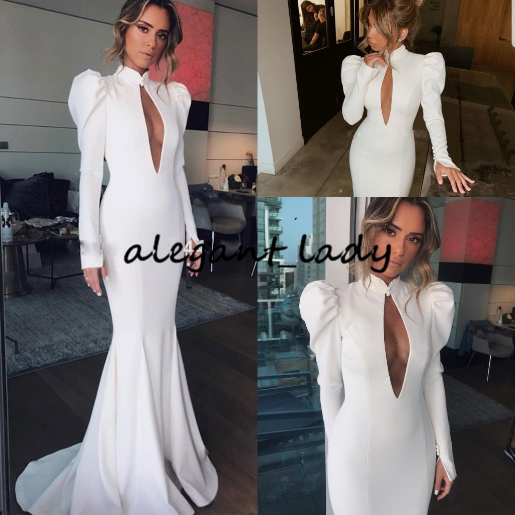 

White Keyhole Mermaid Evening Dresses 2020 High Neck Puffy Shoulders Long Sleeve Trumpet Pleat Arabic Dubai Occasion Prom Gowns, Red