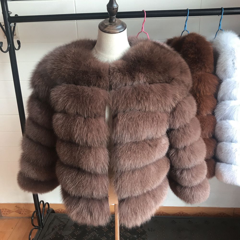 

2019 55CM Real Fox Fur Coat Women Warm Real Fox Fur Coat Short Slim Winter Genuine Jacket Fashion Outwear Luxury Natural, Dark grey