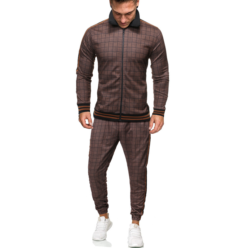 

Men' Suit Autumn Print Plaid Sports Suit Outdoor Two-piece Sport Jacket and Drawstring Pants Sets, Brown