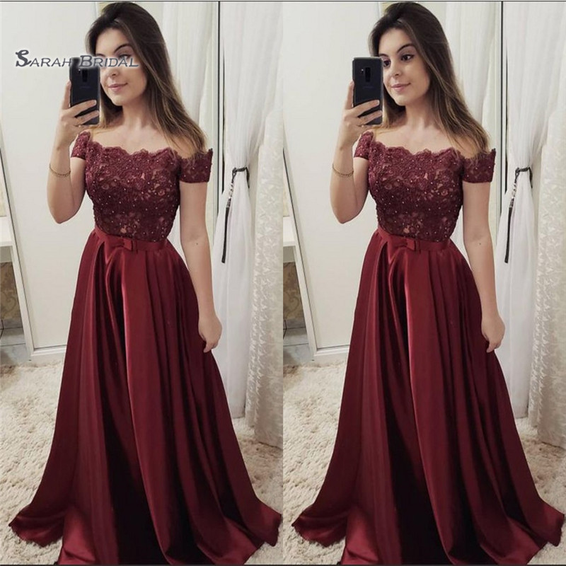 

2020 Satin Beads Off The Shoulder A Line Prom Dress Short Sleeves Sexy Evening Dress Formal Party Wear, Water melon
